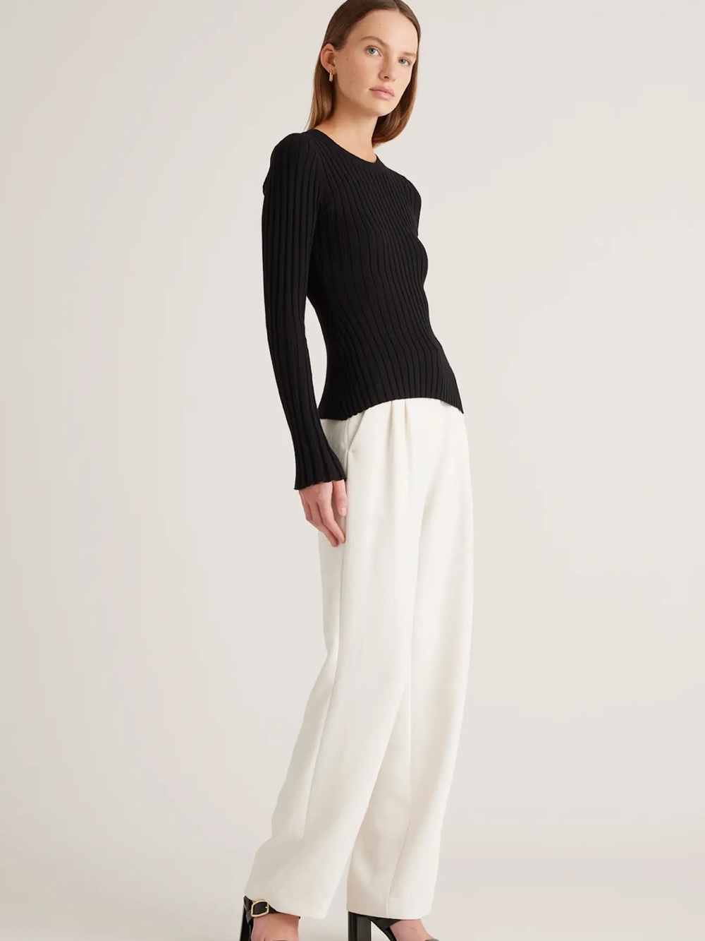 Quince Cotton Cashmere Ribbed Long Sleeve Sweater Black Large - Picture 3 of 9